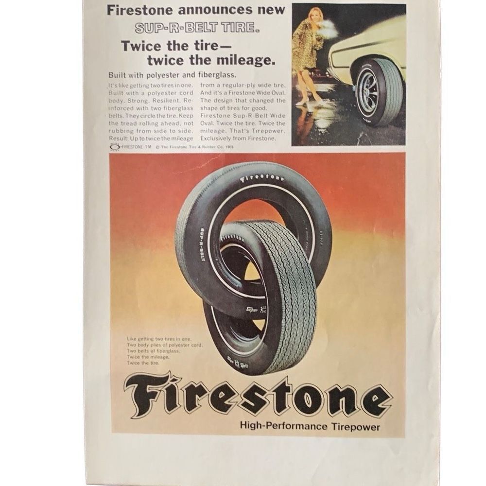 Vintage 1969 Firestone New Sup-R-Belt Tire Ad Advertisements